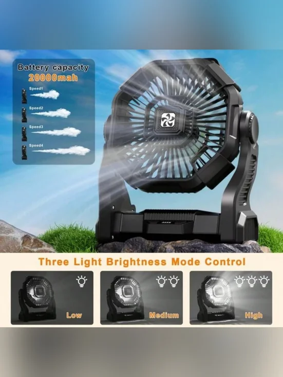 Rechargeable Camping Fan 20000mAh Portable Fan with Light & Phone Charging - Picture 4 of 4
